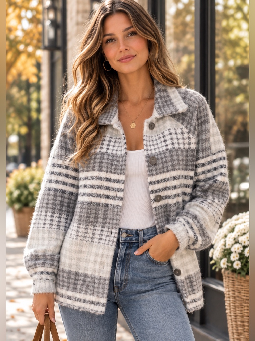 Lovestitch Gray & White Knit Plaid Button-Up Jacket | Cozy Shacket | Size L